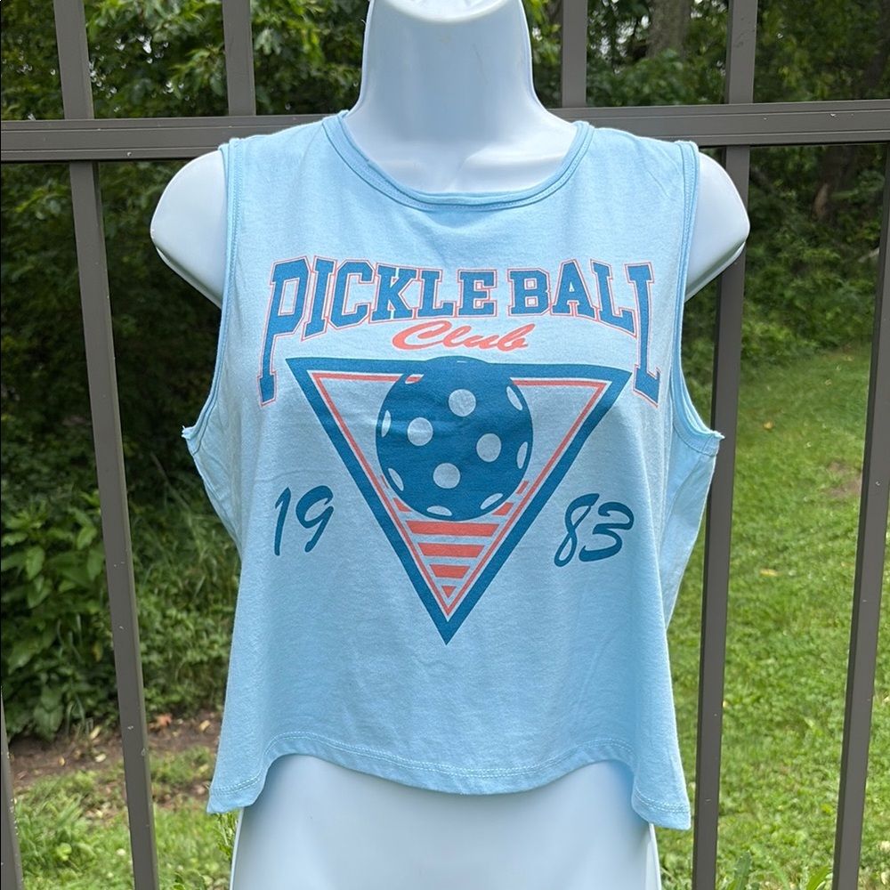 NWT Pickleball Club 1983 Vintage Style Light Blue Sleeveless Crop Top Shirt Sz S